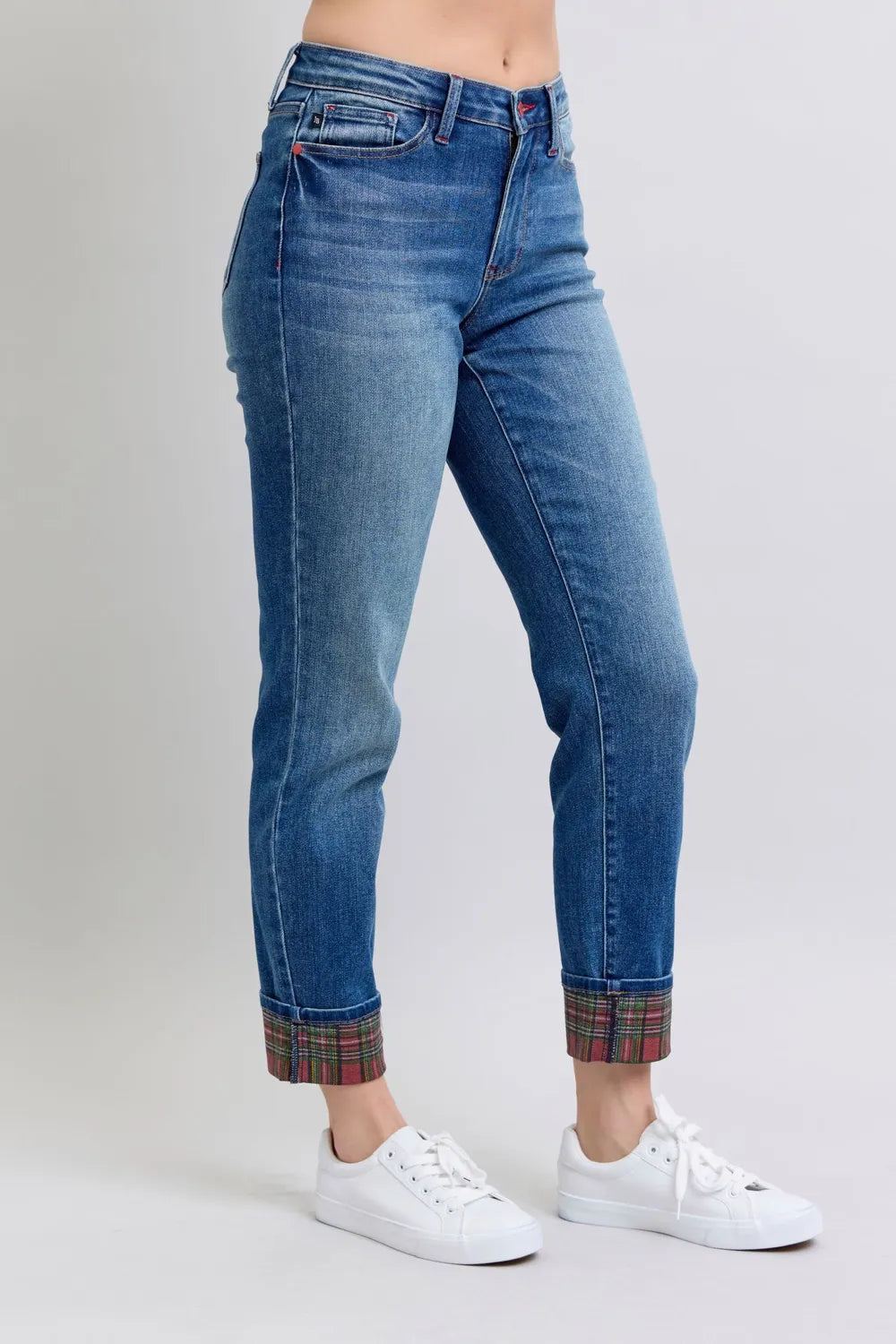 Judy Blue Full Size Plaid Print Cuff Straight Leg Jeans with Pockets New Era Fashion LLc