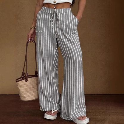 Women's Striped Wide-Leg Trousers – Lace-Up Elastic Waist Loose Fit FitiqueFit