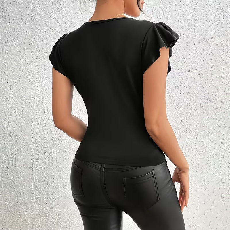 Women’s Summer Ruffle Mesh Panel Top – Short Sleeve Slim Fit Casual Tee Blouse FitiqueFit
