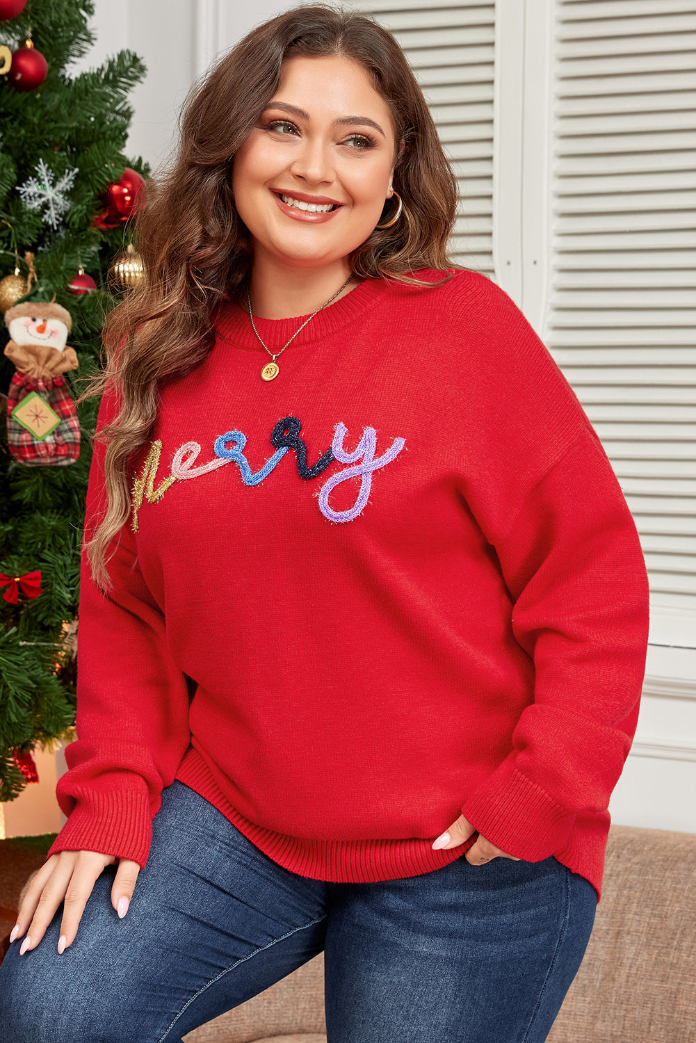 Fiery Red Tinsel merry Pattern Drop Shoulder Plus Size Sweater Garden Naked Curves