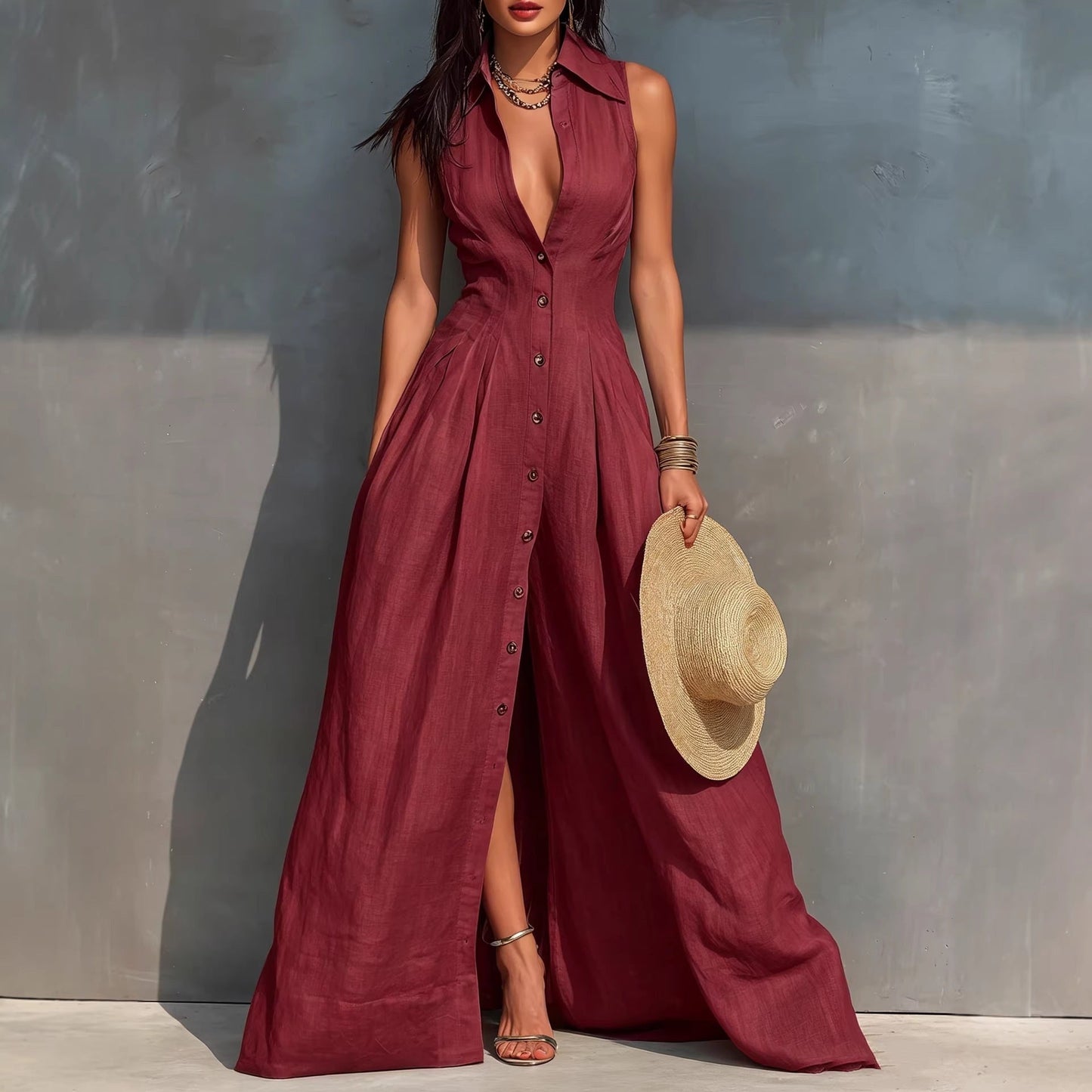 Women's High-Waist Lapel Shirt Maxi Dress – Elegant & Versatile FitiqueFit