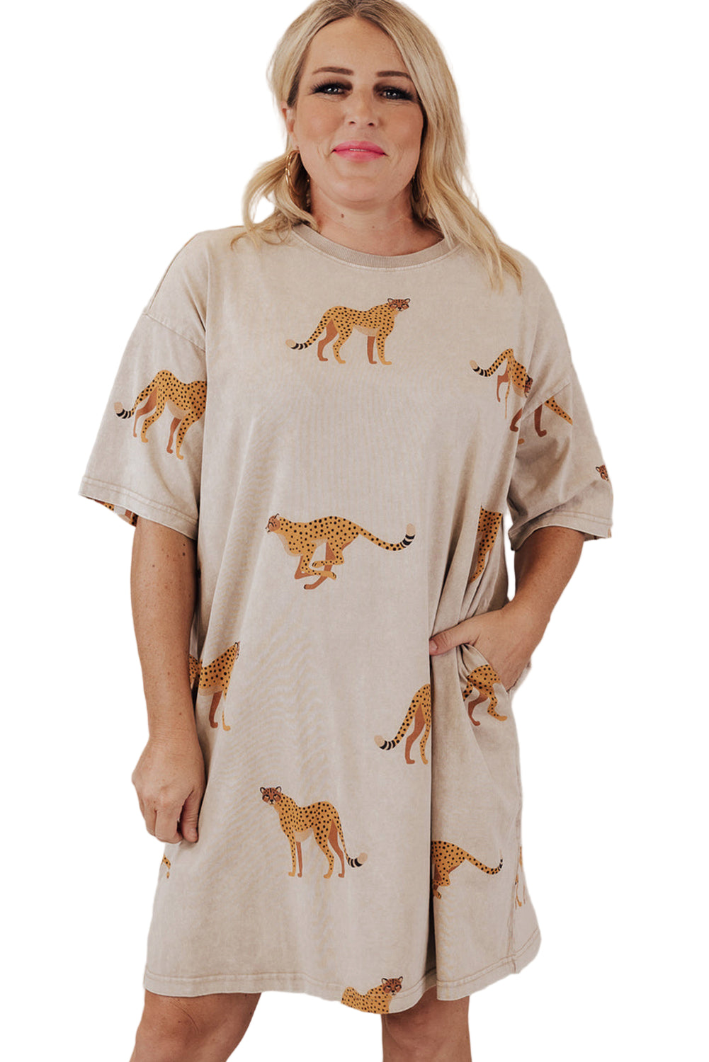 Apricot Plus Size Cheetah Print Side Pockets T Shirt Mini Dress Garden Naked Curves