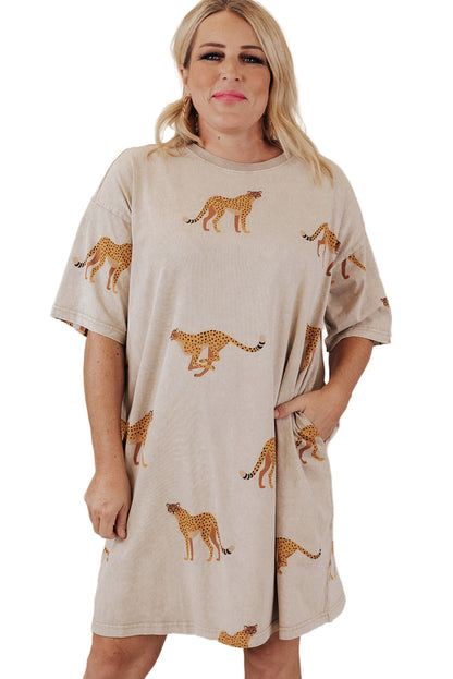 Apricot Plus Size Cheetah Print Side Pockets T Shirt Mini Dress Garden Naked Curves