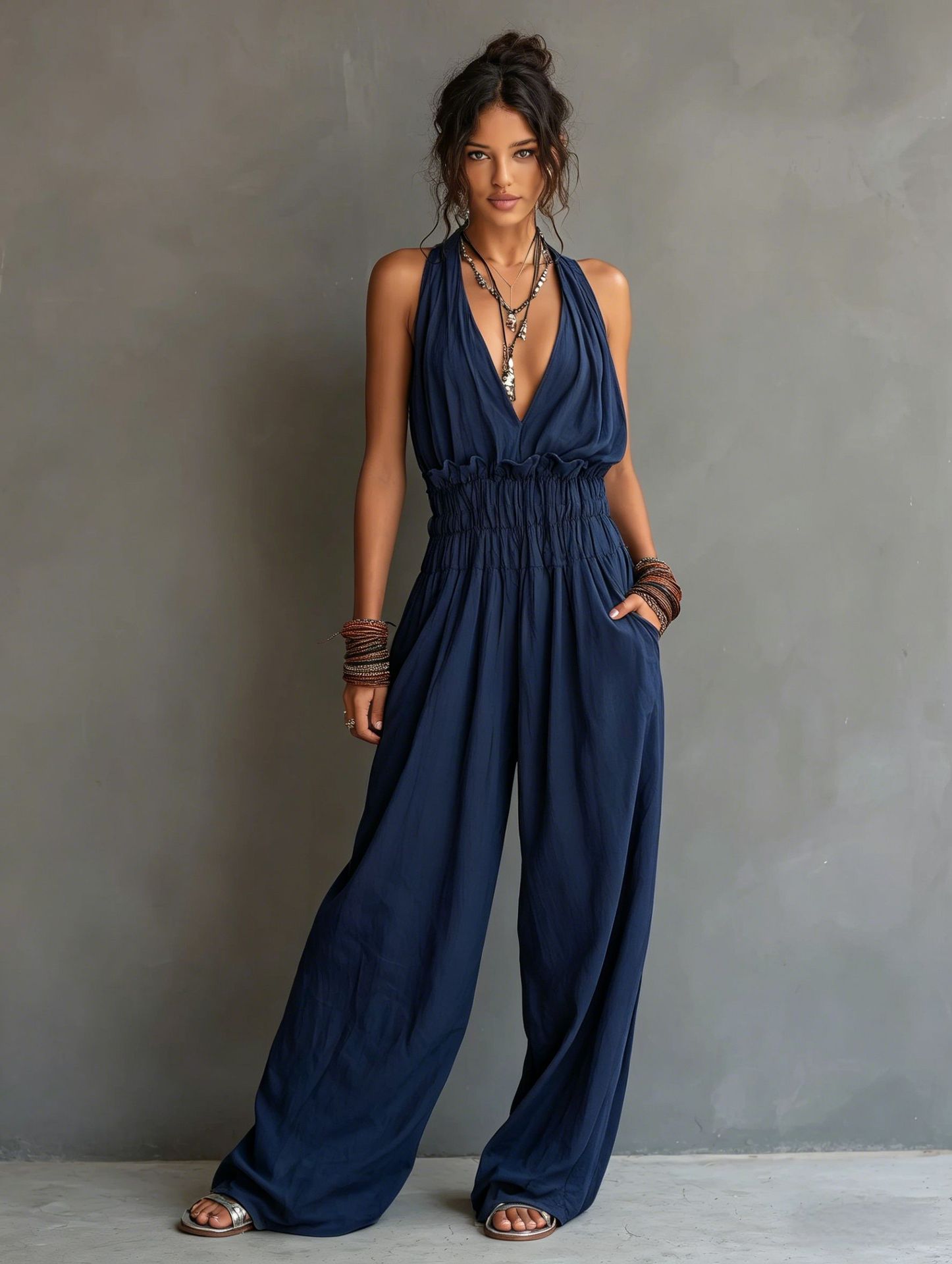 Women's V-Neck Halter Jumpsuit – Sleeveless Open Back Waist-Cinching FitiqueFit