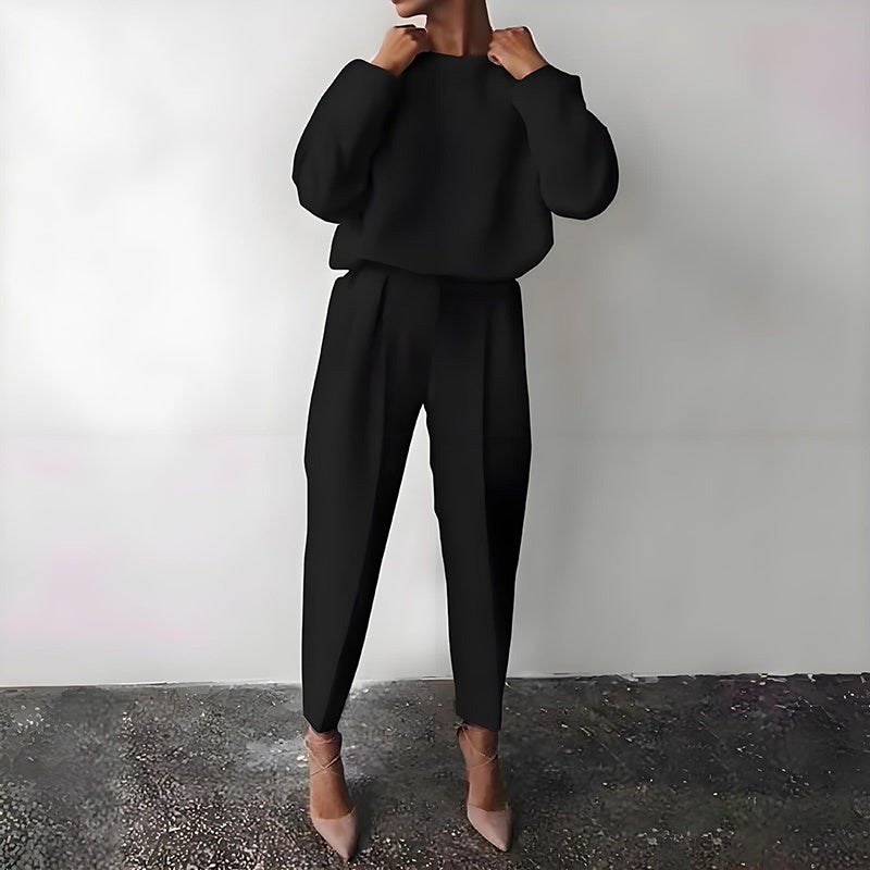 Women’s Solid Color 2-Piece Set – Long Sleeve Top & Pleated Pants Loungewear FitiqueFit