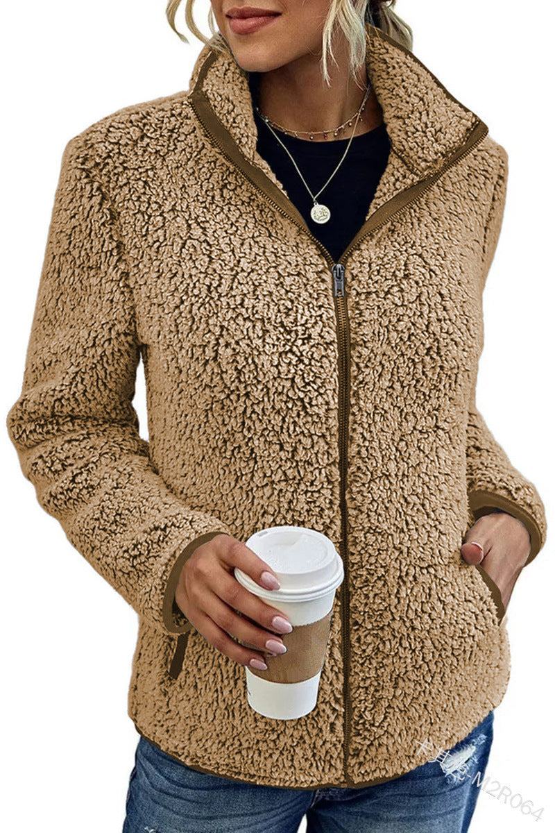 Fall Winter Warm Sweatshirt Stand Collar Solid Color Top Sweater Women's Casual Fashion Long Sleeve Zipper Bubble Velvet Coat Tops Grayceful LLC