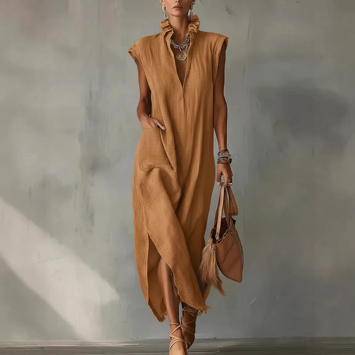 Women’s Cotton-Linen Sleeveless Solid-Color Shirt Dress FitiqueFit