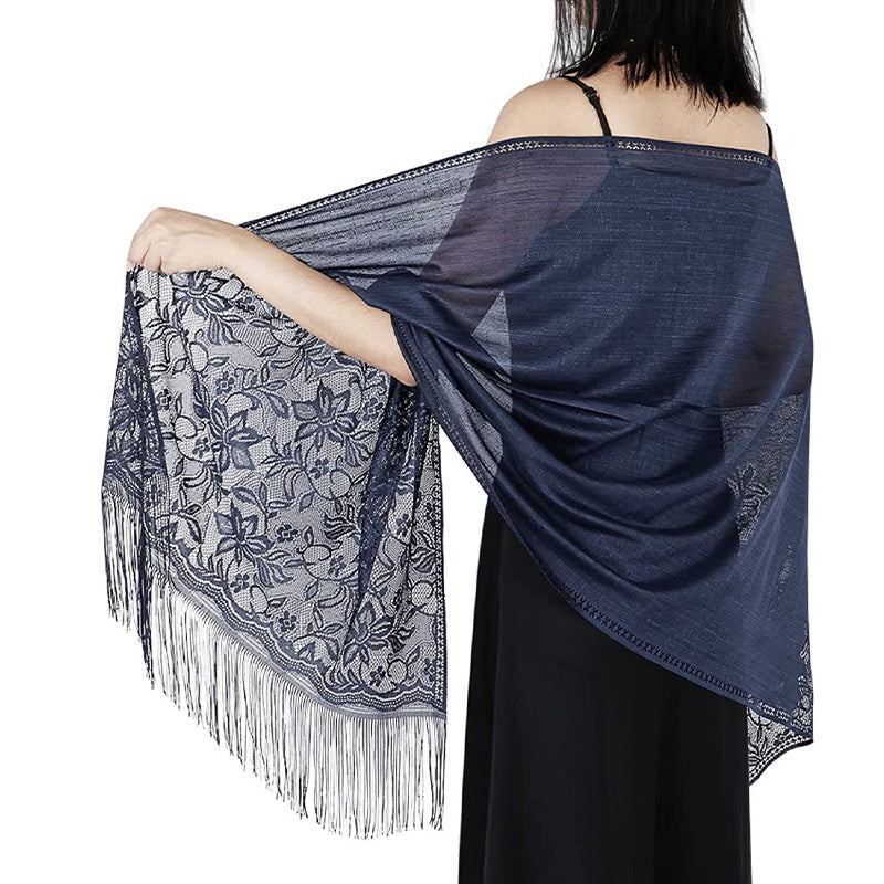 Women's Casual Shawl Wrap - Solid Color, Lightweight Polyester Knit - Going Out Essentials | Fringe Trim | Floral Lace Details NovaCart