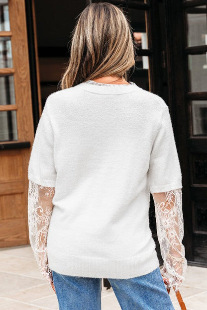 Lace Patchwork Sleeve Faux Two-Piece Fuzzy Sweater Shop Style & More | Fresh Looks, Everyday Deals & Free Shipping