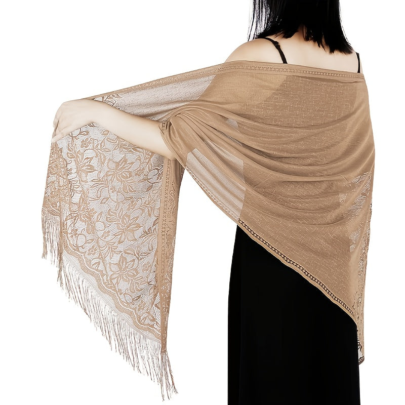 Women's Casual Shawl Wrap - Solid Color, Lightweight Polyester Knit - Going Out Essentials | Fringe Trim | Floral Lace Details NovaCart