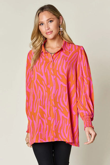 Double Take Full Size Printed Smocked Long Sleeve Blouse Plus Size New Era Fashion LLc