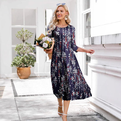Women’s Floral Patchwork Three-Quarter Sleeve Dress FitiqueFit
