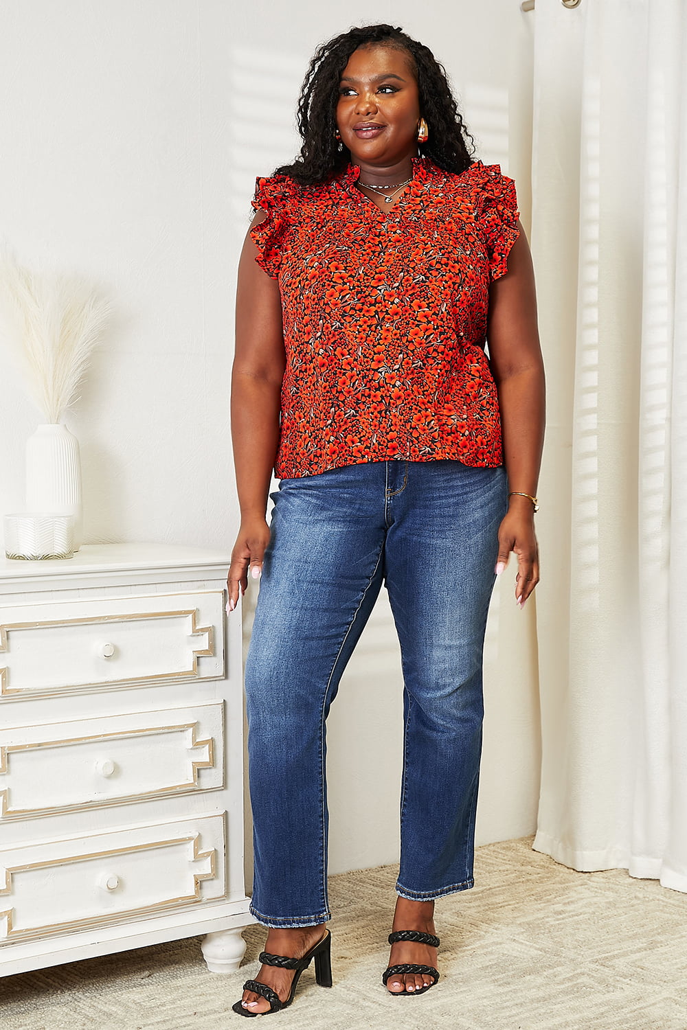 Double Take Floral Flutter Sleeve Notched Neck Blouse New Era Fashion LLc