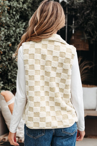 Checker Sherpa Snap Button Vest Jacket With Pocket See size chart under “more details” The Fashion Celestial