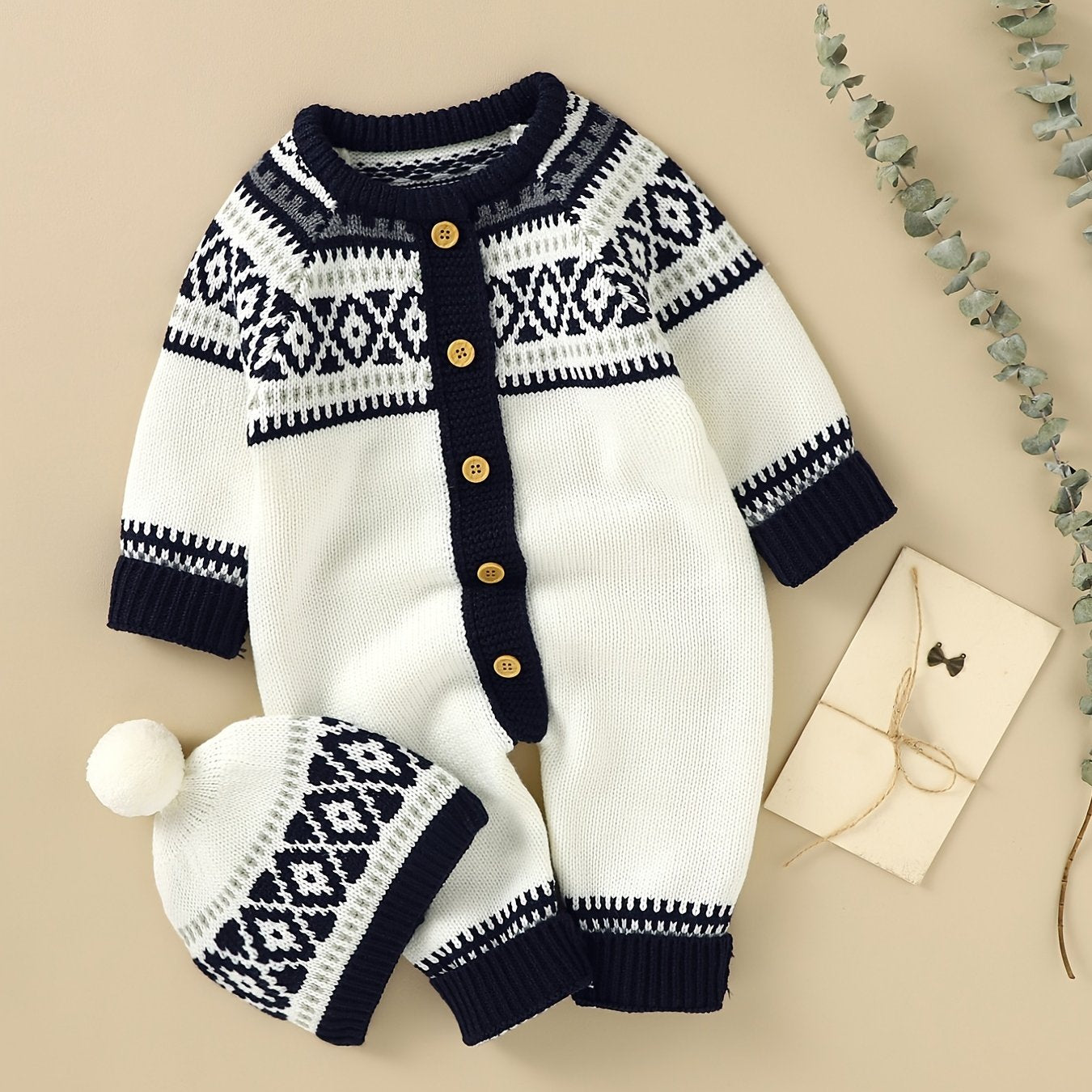 Newborn Infant Geometric Pattern Sweater Romper Long Sleeve Button Jumpsuit & Hat For Toddler Baby Boys And Girls, Suitable For Indoor And Outdoor Wear NovaCart