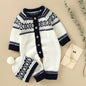Newborn Infant Geometric Pattern Sweater Romper Long Sleeve Button Jumpsuit & Hat For Toddler Baby Boys And Girls, Suitable For Indoor And Outdoor Wear NovaCart