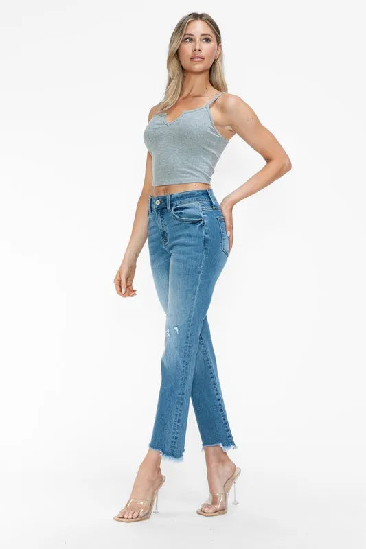 bytos Raw Hem Distressed Mid Rise Crop Jeans New Era Fashion LLc