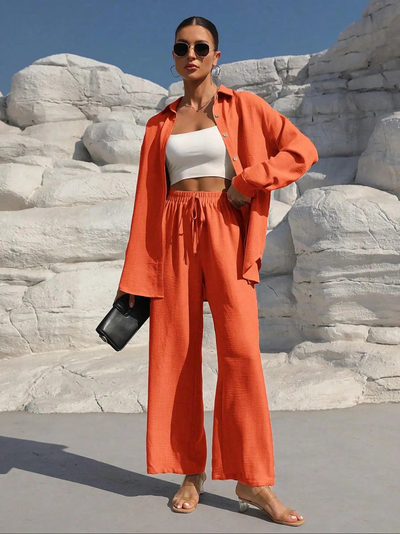 Women'S Solid Collared Button Front Shirt & Tie Front Wide Leg Pants Two-Piece Set, Casual Drop Shoulder Long Sleeve Fitted Top & High Waist Trousers for Spring & Fall, Linen Set, Loose Pant Sets, Casual Matching Sets, Womenswear