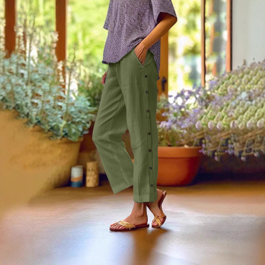 Cropped Pants With Decorative Buttons Along the Side Seams FitiqueFit