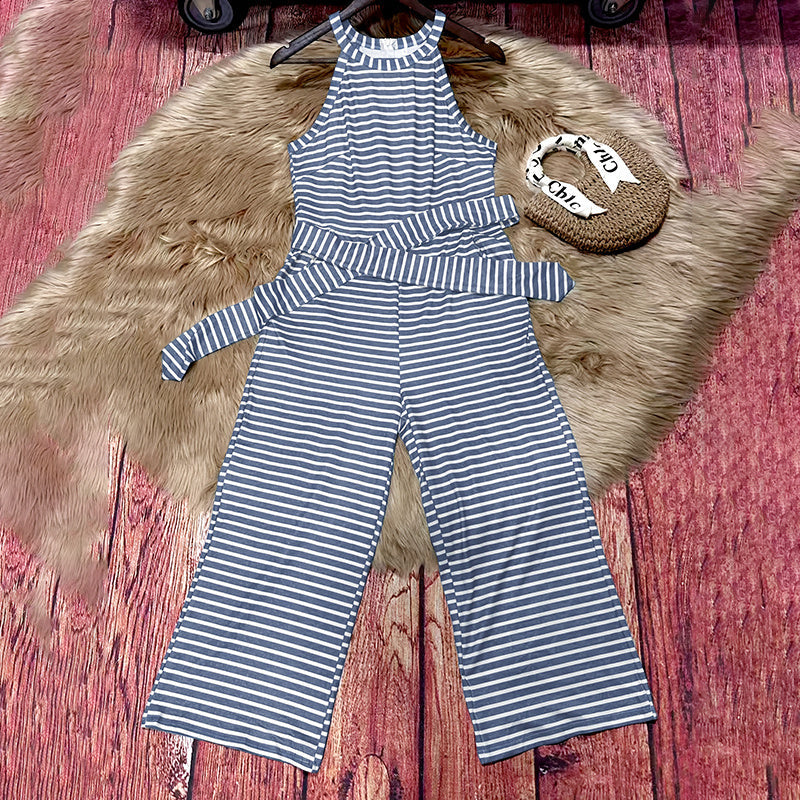 Casual Striped Jumpsuits Summer Cap Sleeve Wide Leg Jumper FitiqueFit
