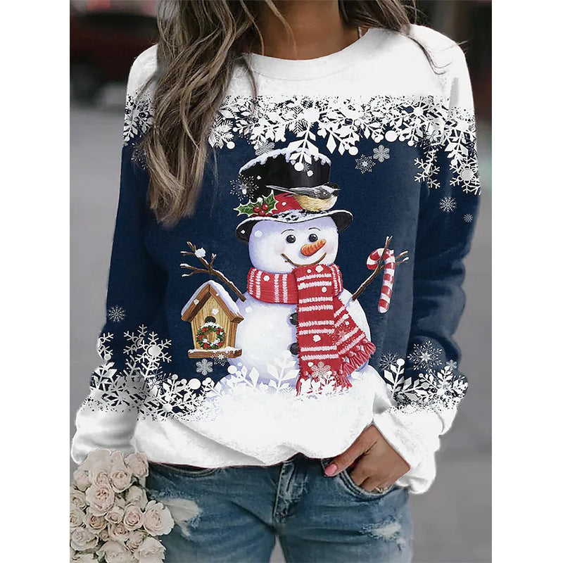 Snowman Printed Panel Loose Sweater – Casual Holiday Knit for Women FitiqueFit