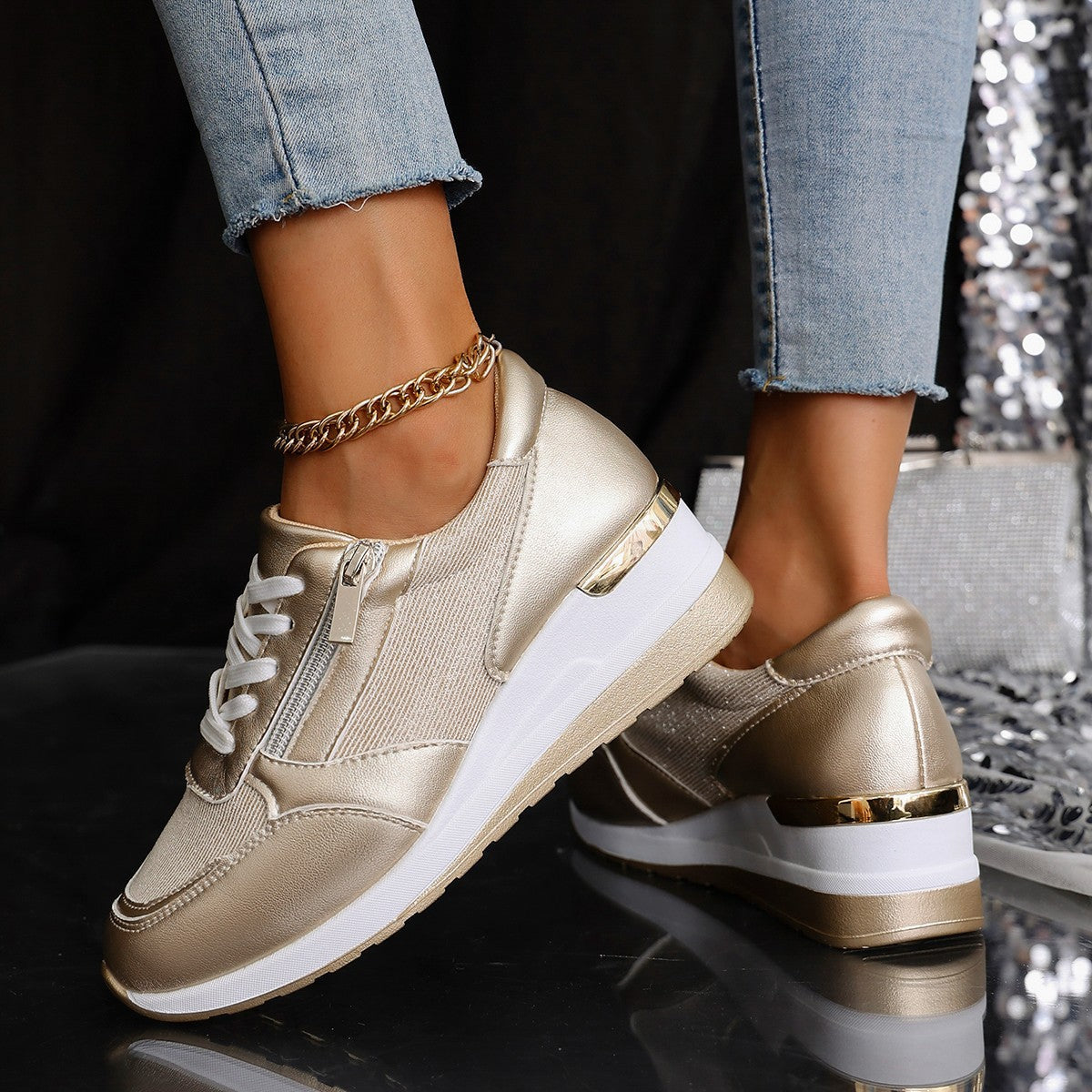 Metallic Lace-Up Side Zipper Thick-Sole Sneakers – 3 Colors EU 37–44 FitiqueFit