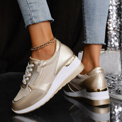 Metallic Lace-Up Side Zipper Thick-Sole Sneakers – 3 Colors EU 37–44 FitiqueFit