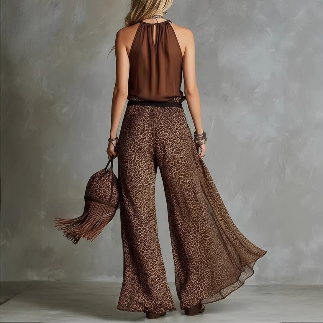 Leopard Print Sheer Wide-Leg Pants & Sleeveless Tank Top Set FitiqueFit
