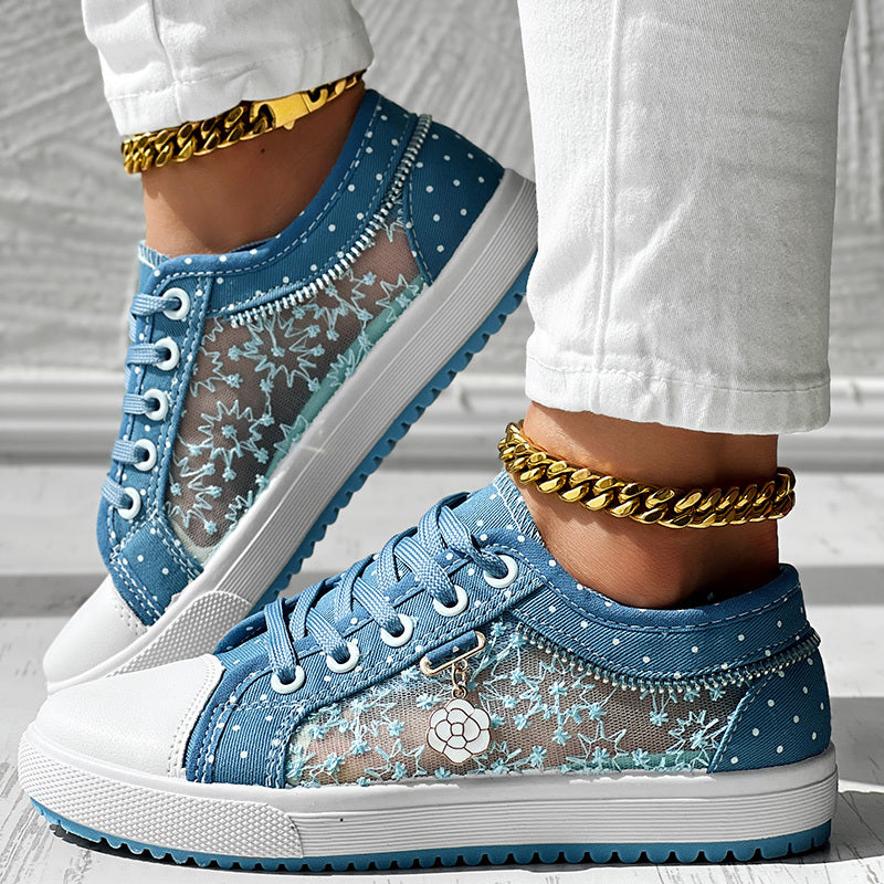 Floral Embroidered Polka Dot Print Sneakers — Women’s Casual Canvas Shoes FitiqueFit