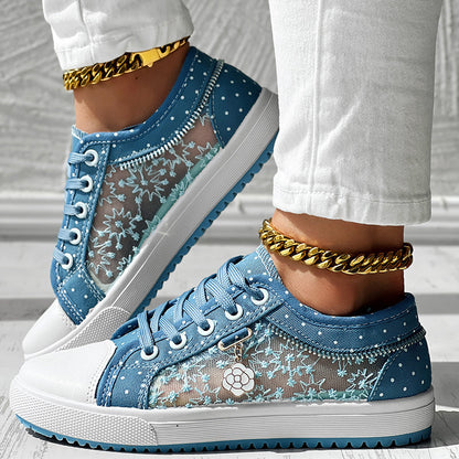 Floral Embroidered Polka Dot Print Sneakers — Women’s Casual Canvas Shoes FitiqueFit