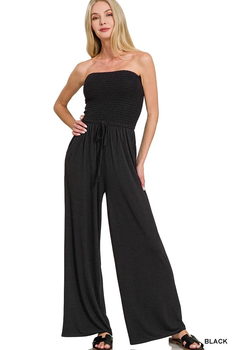 Zenana Strapless Wide Leg Smocked Jumpsuit West2East Surf