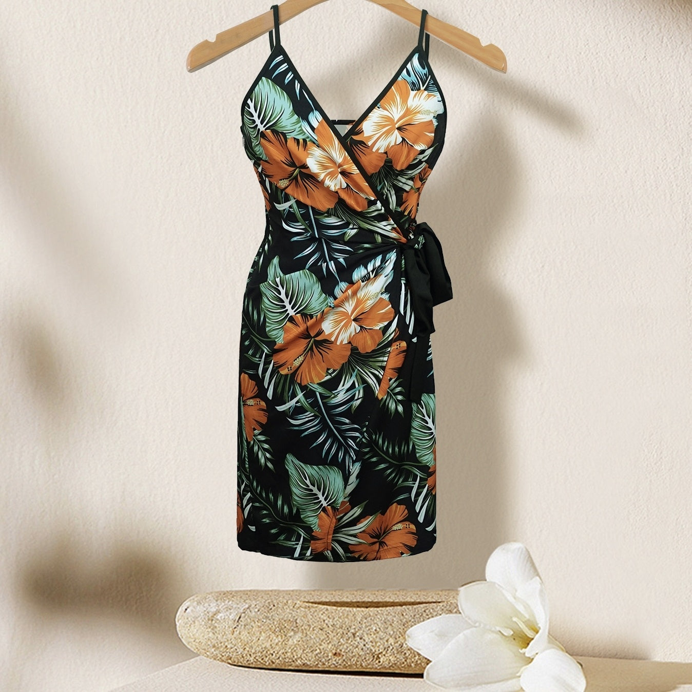 Women's V-neck Lace Up Plant Print Off Shoulder Versatile Dress FitiqueFit