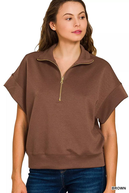 Zenana Full Size Scuba High Neck Half Zip Short Sleeve Top Plus Size Garden Naked Curves