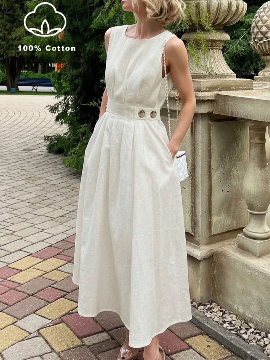 Women's French Minimalist Sleeveless Crew-Neck Midi Dress – White S–XXL FitiqueFit