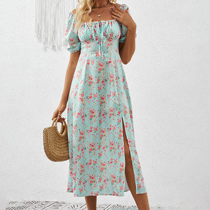Square Neck Floral Print Dress With Puff Sleeves & Side Slit Maxi Dress FitiqueFit