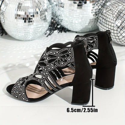 Elegant Formal  Black Floral Cut Out Heels Sandals