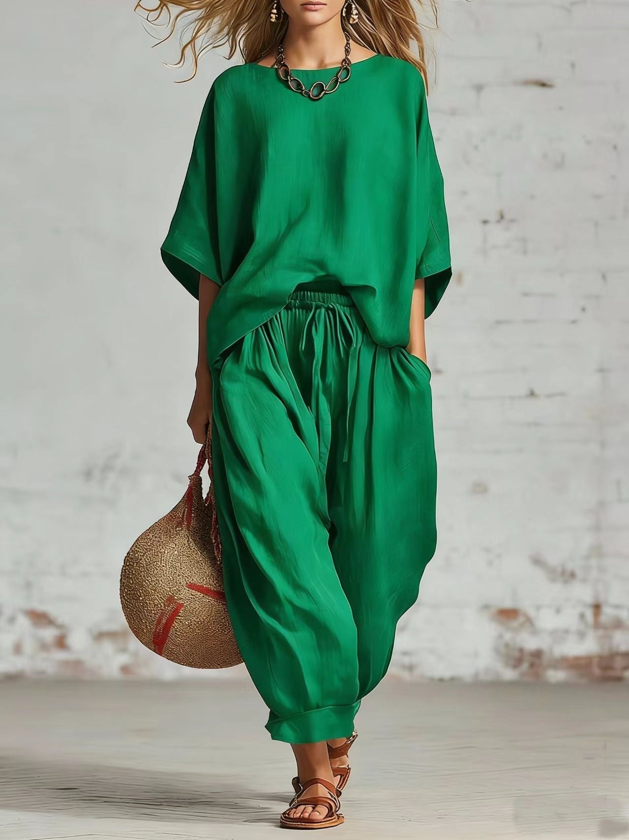 Women's Solid Color Loose Casual Set – T-Shirt & Ankle Pants FitiqueFit