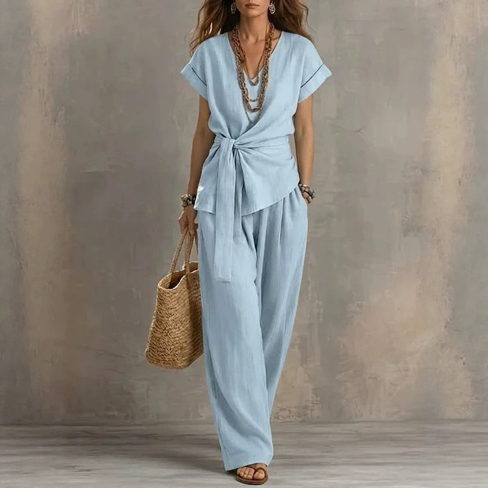 Women's V-Neck Short-Sleeve Top & Pants Two-Piece Set FitiqueFit