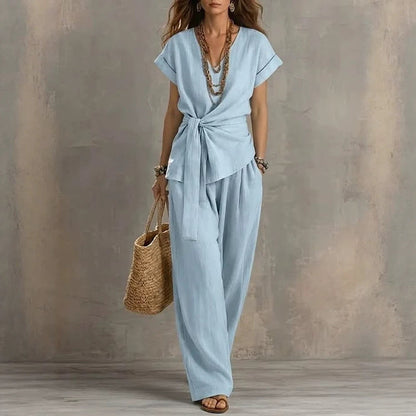 Women's V-Neck Short-Sleeve Top & Pants Two-Piece Set FitiqueFit
