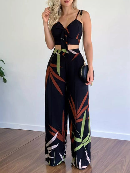 Tropical Print Spaghetti Strap Crop Top and Wide Leg Pants Set New Era Fashion LLc