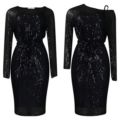Diagonal Collar Sequined Round Neck Evening Dress Two-piece Set Grayceful LLC
