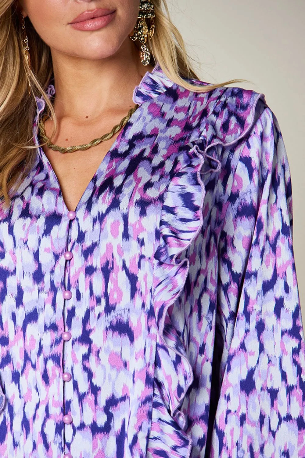 Double Take Full Size Printed Ruffle Trim Balloon Sleeve Shirt New Era Fashion LLc