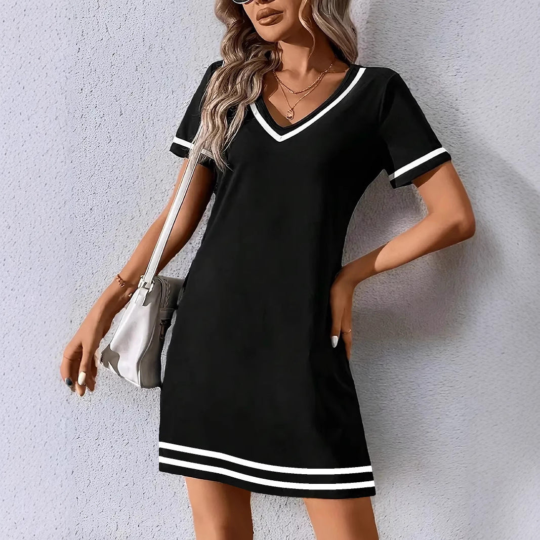 Women's Contrast-Color V-Neck A-Line Dress – Short Sleeve, Elegant, Mid-Rise FitiqueFit