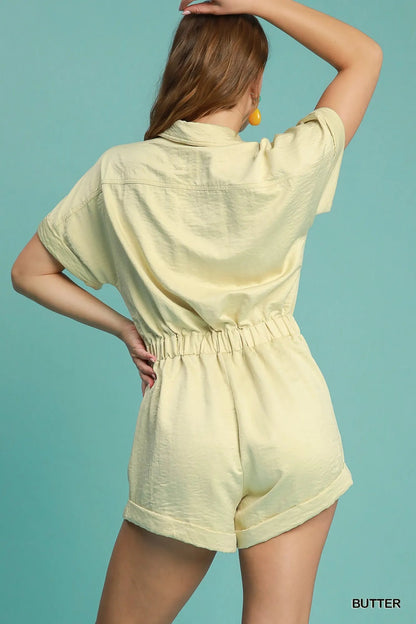 Umgee Button Down Charmeuse Romper West2East Surf