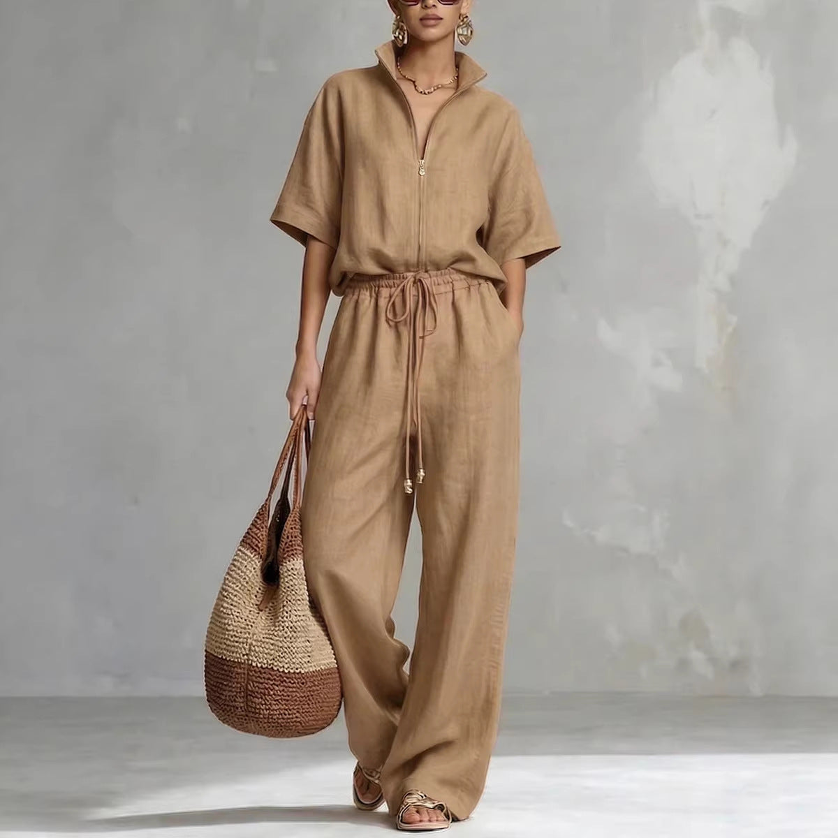 Women's Zip-Up Crew-Neck Top & Wide-Leg Pants Set FitiqueFit