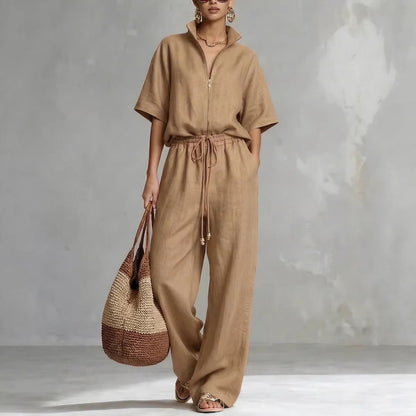 Women's Zip-Up Crew-Neck Top & Wide-Leg Pants Set FitiqueFit