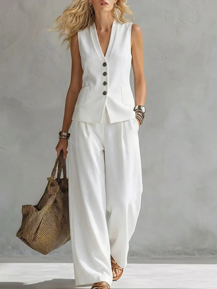 Women's Solid Linen Sleeveless Tank Top & Full-Length Pants Set FitiqueFit