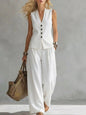Women's Solid Linen Sleeveless Tank Top & Full-Length Pants Set FitiqueFit