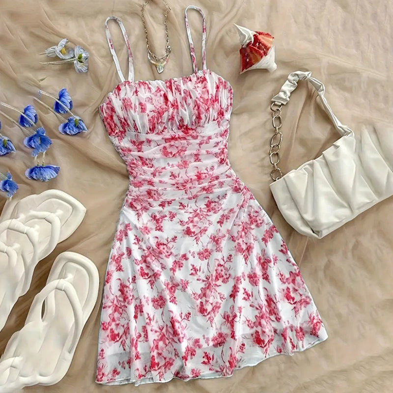 Boho Floral Spaghetti Strap Mini Dress – Ruched Ruffle Hem Vacation Sundress FitiqueFit