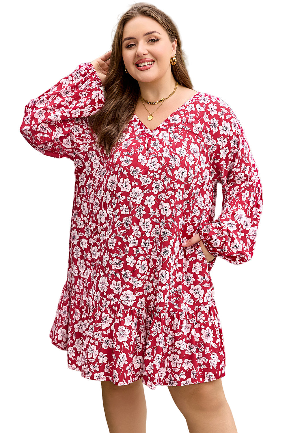 Purple Plus Floral Balloon Sleeve V Neck Relaxed Dress Garden Naked Curves